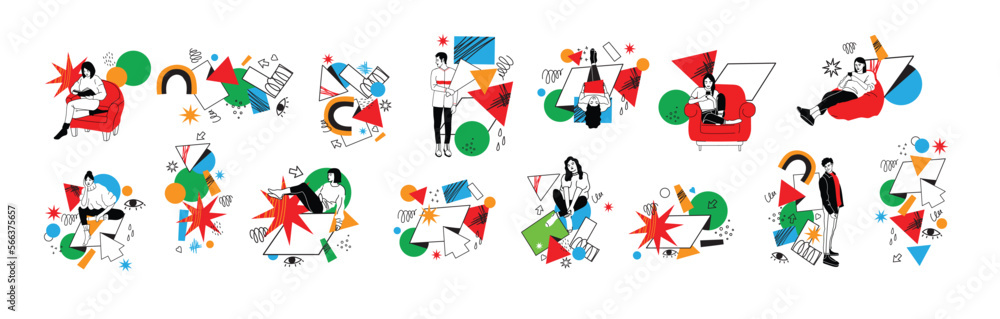 Poster outline characters, people in different poses and various geometric shapes and colorful abstract fig