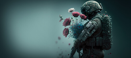 Concept pacifism, anti war demonstration for peace. Image modern soldier with weapons and flowers. Generation AI