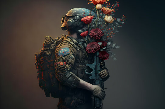 Image Modern Soldier With Weapons And Flowers. Concept Pacifism, Anti War Demonstration For Peace. Generation AI