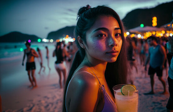 young woman at beach party on the beach, in the background a crowd dancing and decorative lights, under the full moon at night