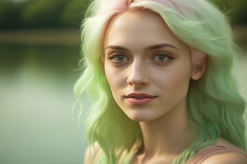 Fototapeta premium a young adult woman with green pastel hair by a lake