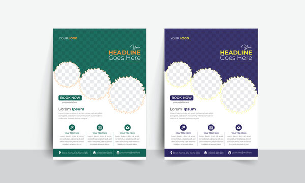 Tour and Travel Flyer design template for business or travel. Design a vertical brochure with mountains and a field, with a place for photos and information. Vector illustration. Set