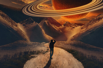 fantastic landscape with the planet Saturn