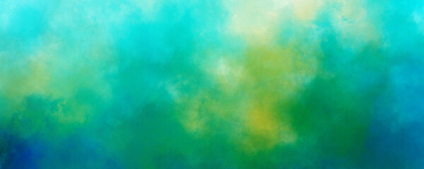 Abstract blue green and yellow background bright color grungy mist wallpaper texture with fog haze or smoke pattern in creative header design element horizontal painted textured web image backdrop