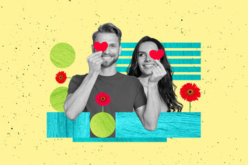 Photo collage cartoon comics sketch picture of pretty smiling married couple celebrating 14 february isolated drawing background