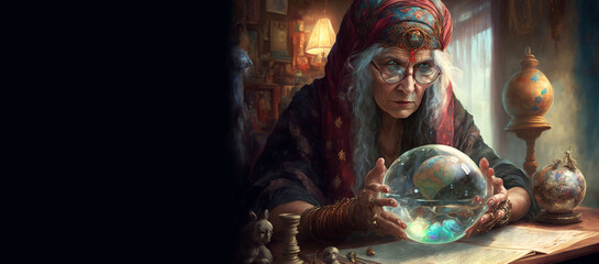 Magnificent fortune teller Old woman reading future on magical crystal ball with copy space. Generation AI - obrazy, fototapety, plakaty