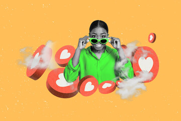 Creative retro 3d magazine collage image of smiling happy lady getting 14 february likes isolated...
