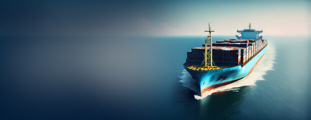 Cargo maritime ship with container in water ocean, Aerial top view. Concept banner export, import logistic shipping. Generation AI - obrazy, fototapety, plakaty