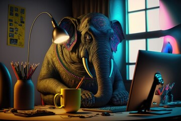 an elephant sitting at a desk surfing the internet