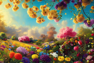 Paradise garden full of flowers, beautiful idyllic  background with many flowers in eden, 3d illustration with juicy colors. Generative AI.