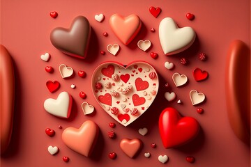Fototapeta premium Saint Valentine day background with gift box and various red hearts. Flat lay style greeting composition