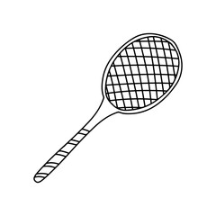 Hand drawn vector illustration of a tennis racket in doodle style. Cute illustration of a sport equipment on a white background.