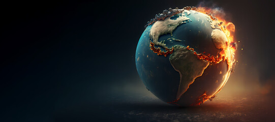 Concept climate change, global warming on planet. Burning globe earth, blur background banner. Generation AI