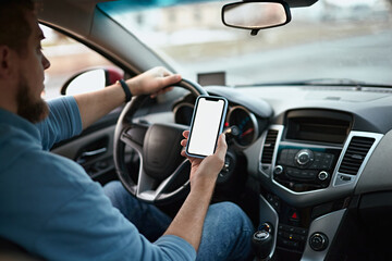 Man driver using mobile phone screen blank mockup on the road while driving a car
