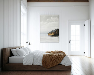 a bedroom or hotel room with a bed in a white clean simple room, full of light