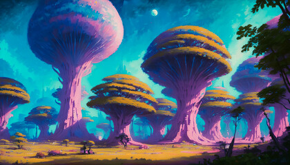 Obraz na płótnie Canvas A surreal and fantastical landscape, an unknown world filled with a beautiful and colorful jungle. The hues are vibrant and give life to this otherworldly scene. Generative AI