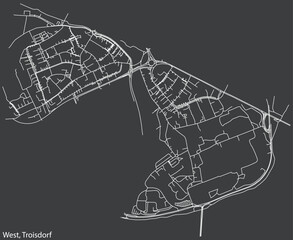 Detailed negative navigation white lines urban street roads map of the WEST DISTRICT of the German town of TROISDORF, Germany on dark gray background