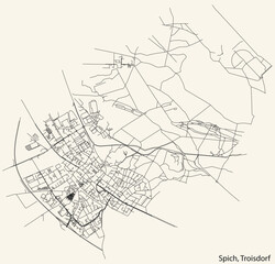 Fototapeta na wymiar Detailed navigation black lines urban street roads map of the SPICH DISTRICT of the German town of TROISDORF, Germany on vintage beige background