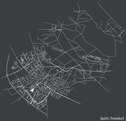 Detailed negative navigation white lines urban street roads map of the SPICH DISTRICT of the German town of TROISDORF, Germany on dark gray background
