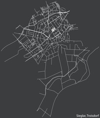 Detailed negative navigation white lines urban street roads map of the SIEGLAR DISTRICT of the German town of TROISDORF, Germany on dark gray background