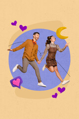 Creative photo picture collage poster postcard of happy positive couple going common goal dream isolated on painted background