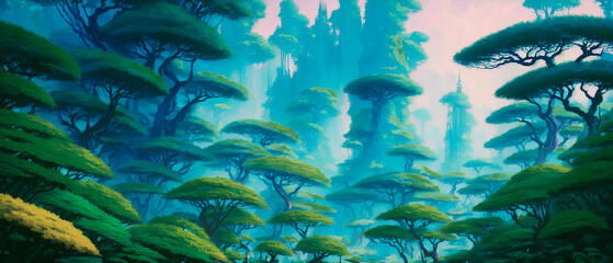 Fototapeta na wymiar A surreal and fantastical landscape, an unknown world filled with a beautiful and colorful jungle. The hues are vibrant and give life to this otherworldly scene. Generative AI