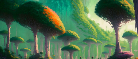 A surreal and fantastical landscape, an unknown world filled with a beautiful and colorful jungle. The hues are vibrant and give life to this otherworldly scene. Generative AI