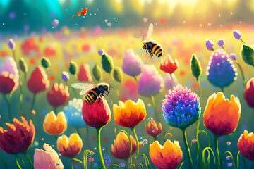 Obraz na płótnie Canvas Bee Pollination theme with beautiful flower field - Generative AI