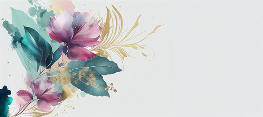 Watercolor spring flowers banner on white background with copy space. Illustration