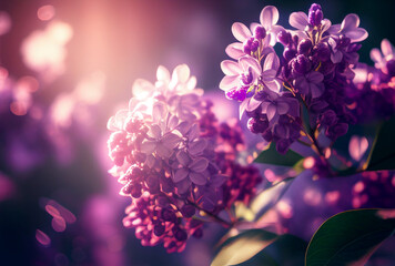 Blooming lilac flowers with sunlight. Spring background. Illustration
