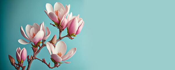 Beautiful pink magnolia flowers on blue background. Illustration - obrazy, fototapety, plakaty