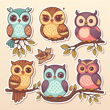 set of owls illustration sticker design, AI assisted finalized in Photoshop by me