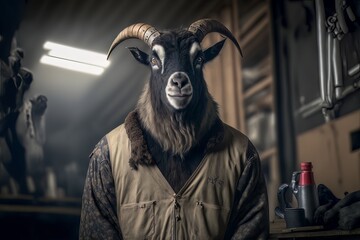 Obraz na płótnie Canvas Goat - Close up portrait - Mechanic at the workshop - Generative AI