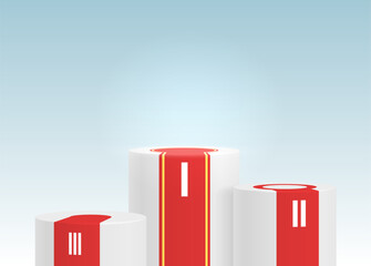 Winner podium. White cylinder podium with three rank places and red carpet realistic vector illustration. Pedestal platform