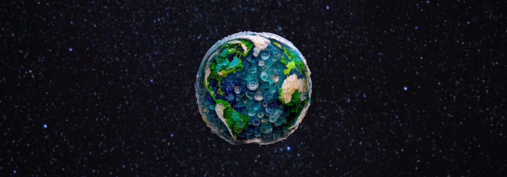 Planet earth made with plastics, garbage and used trash plastic bottles. Problems of the environment due to pollution with plastic waste. Importance of plastic recycling to avoid climate change.