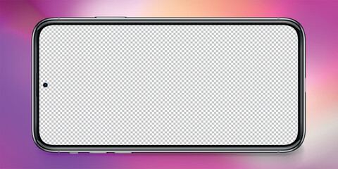 Smart phone transparent screen, technology horizontal mobile blank display on pink abstract background. Vector illustration