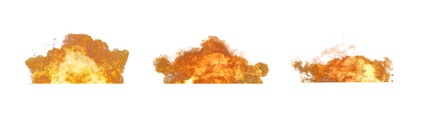 Set of Fireball explosion with sparks and smoke on transparent background.