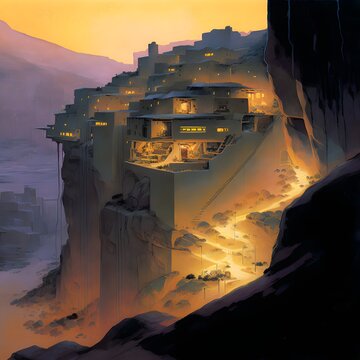 A cybertech Kowloon city at dusk built into the side of a desert cliff landscape watercolor painting by Edgar Payne low saturation with neon highlights wide shot aerial view 