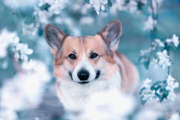 cute corgi dog puppy sitting in a spring garden among apple blossoms