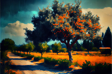 Oil painting style illustration, generative Ai, orange trees field