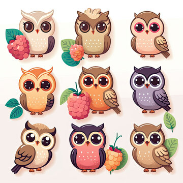 set of owls illustration sticker design, AI assisted finalized in Photoshop by me