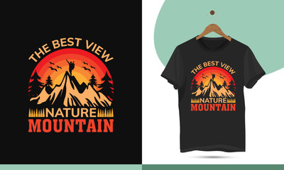 The best view nature mountain - Unique retro-style mountain t-shirt design template. Bird and hill silhouette vector illustration art. High-quality print for a shirt.
