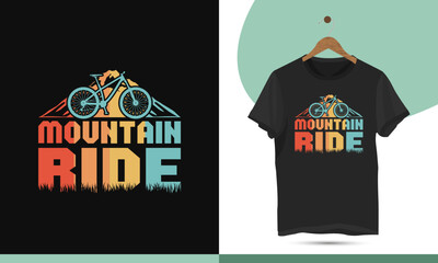 Vintage retro-style unique mountain cycling t-shirt design template. Vector illustration with adventure, bike, ride, and cycle silhouettes. It can be used for shirts, mugs, bags, and pillows.