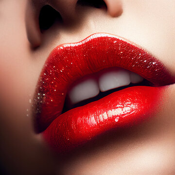Beautiful and sensual female lips with red lipstick.	AI generated image.