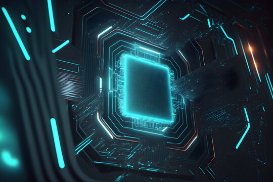 Tech background with futuristic processor, tech design, futuristic hologram, modern design, ai prompt.