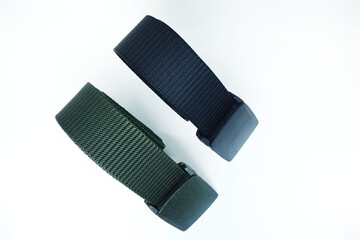 Military tactical belt with semi-automatic buckle for connection. Isolated on white background