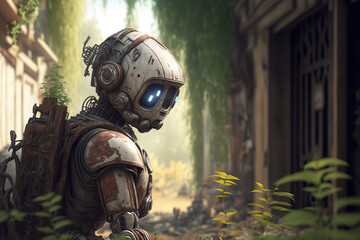 A sad futuristic robot in an abandoned and overgrown urban environment