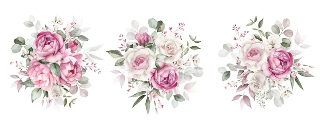 Rolgordijnen Bloemen Watercolor floral bouquet set with green leaves, pink peach blush white flowers, leaf branches, for wedding invitations, greetings, wallpapers, fashion, prints. Eucalyptus, olive, rose, peony.