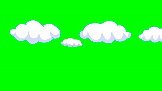 Clouds passing animation. Soft, white cloud group fly right to left movement, moving. Cartoon loop outdoor footage, editable fixed transparency green screen background. Funny drawing Video 