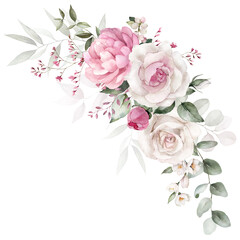 Watercolor floral bouquet with green leaves, pink peach blush white flowers leaf branches, for wedding invitations, greetings, wallpapers, fashion, prints. Eucalyptus, olive green leaves, rose, peony. - 566386818
